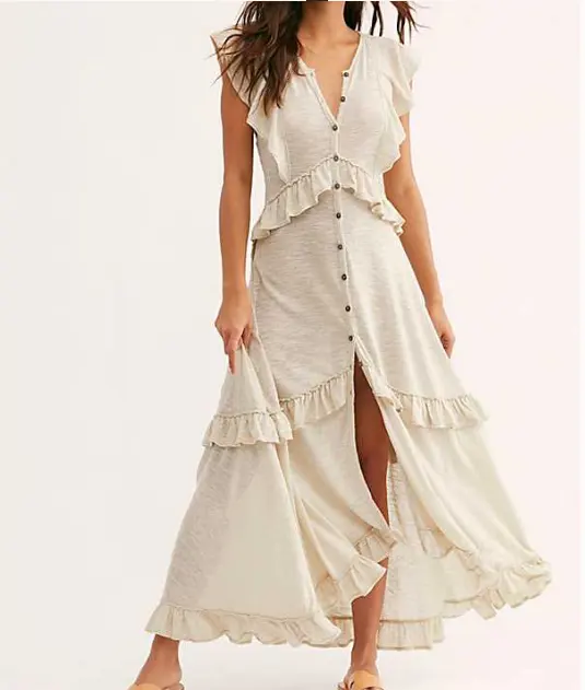 Fashion ladies semi-sheer button ruffled maxi dress with smocked elastic band in back