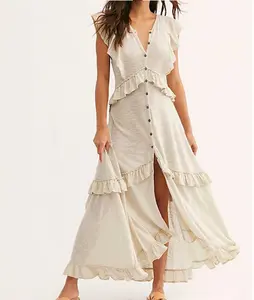 Fashion ladies semi-sheer button ruffled maxi dress with smocked elastic band in back