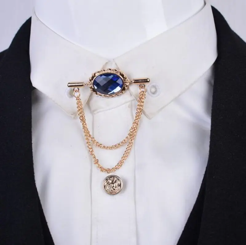 De alta calidad de moda de piedras preciosas de cristal de los hombres broche con borla borlas de cadena de hombres traje de solapa chal Collar de accesorios