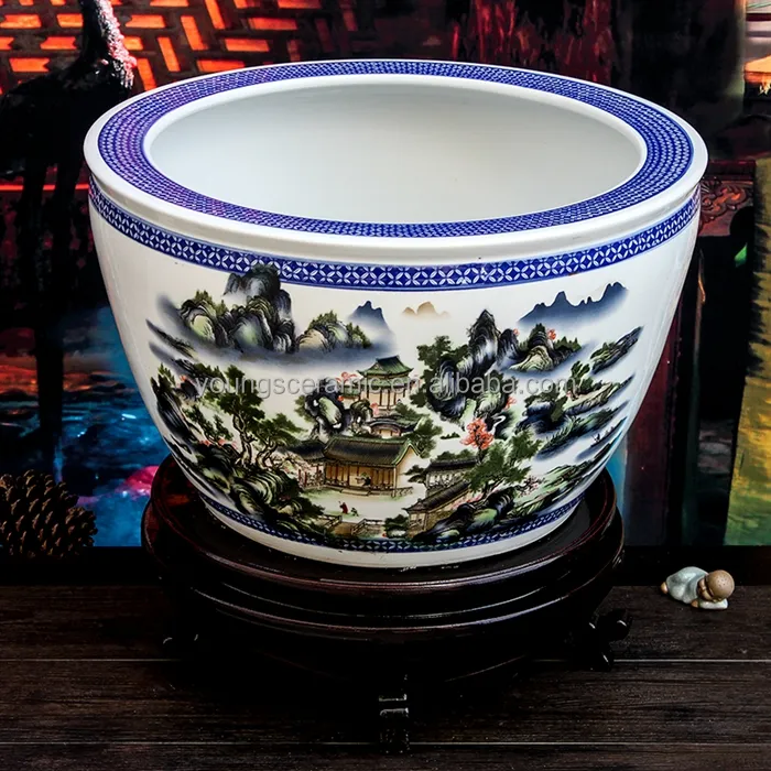 Pot de fleurs en céramique de paysage, porcelaine, Rose, grande taille, style chinois, 2018
