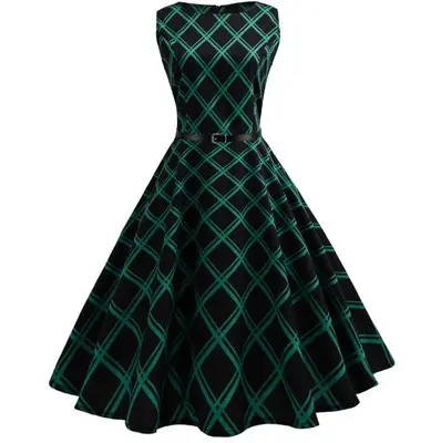 Bayan ekose Dress1950s Vintage Retro kolsuz salıncak pileli Fit ve Flare elbise