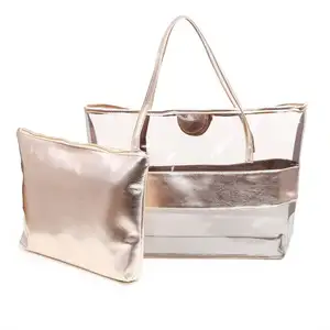 Candy Color Semi-clear Stripe Waterproof Swimming PVC Tote Handbag