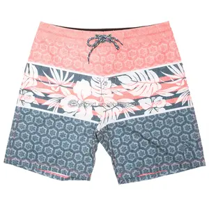 Pantalones cortos elásticos de tela estampada para hombre, ropa de baño, tabla de surf, marca privada, fabricante de 4 vías