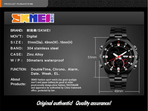 SKMEI 1146 החדש כפול זמן led אנלוגי שעון מעורר שעון יוקרה נירוסטה רצועת גברים 2023 עמיד למים קוורץ הדיגיטלי שעון - Product Image 6