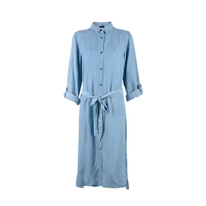 New fashion 100% lyocell washed long sleeve stripe denim women long dresses online