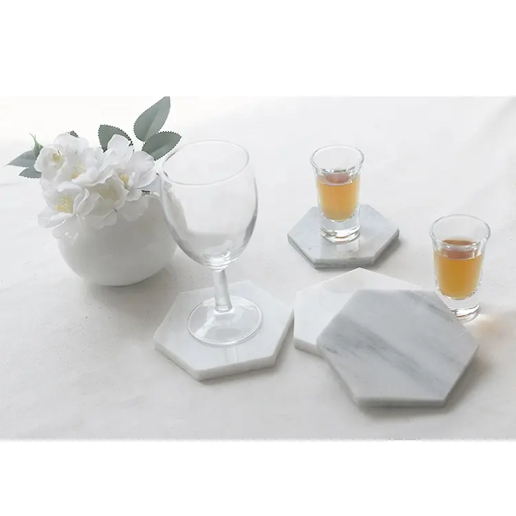 Eco-vriendelijke Witte Carrara Cup Mat Voor Drink Wholesale Prijs Hexagon Vorm Marmer Coaster