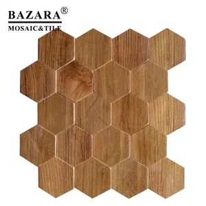 Hexagon kayu campuran mosaik ubin emas logam 10mm ketebalan kayu kapal tua