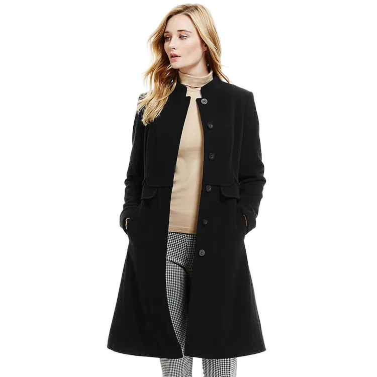 Ladies black korean long winter coat cashmere wool coat