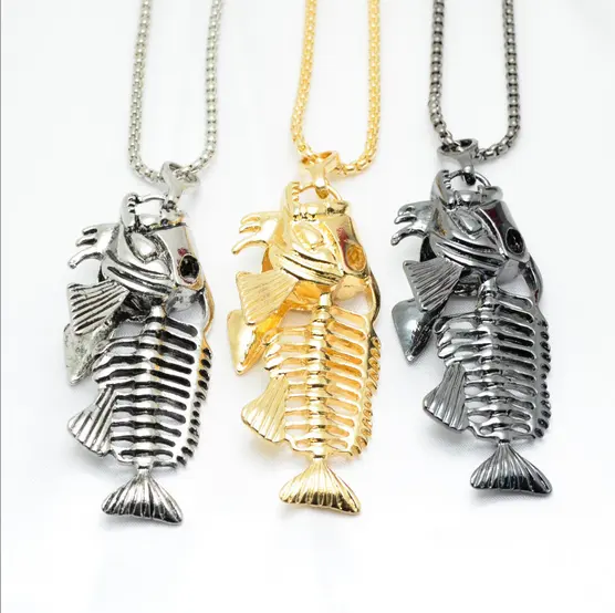 Hip Hop Chain For Men Big Fish Bone Statement Pendant Necklaces Gold Color Stainless Steel Fishing Hippie Kpop Jewelry