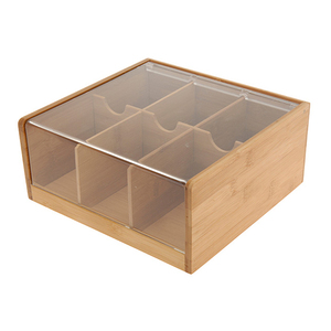 6 <strong>Compartment</strong> Bamboo Tea Box Bin Storage Organizer With Plastic <strong>Lids</strong> - Product Image 1