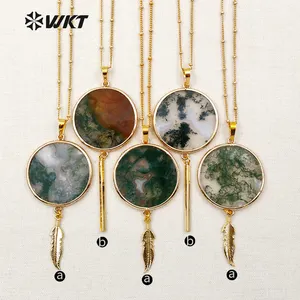 WT-N1105 New Arrival ! wholesale Moss Agate Pendant with Gold chain Necklace Around Shape Jasper Agate Gold Leaf Necklace