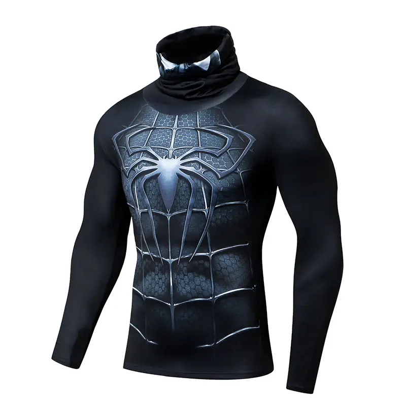 Men's High Collar Lapel Underwear Thermal 3D Super hero Printed Male Quick Dry T Shirts Wholesale Autumn Outdoor Sports Tops