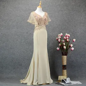 Robe de soirée longue coupe poisson, tenue de soirée, couleur Champagne/bordeaux, avec strass et perles, bon marché, 2019