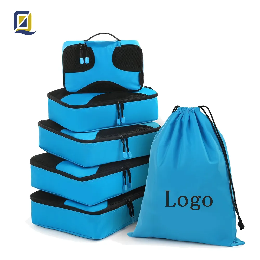 QQgift OEM Custom Logo Luxury Durable 6pcs Set Travel Packing Cubes Travel Luggage Organizers with Laundry Bag Duffle bag