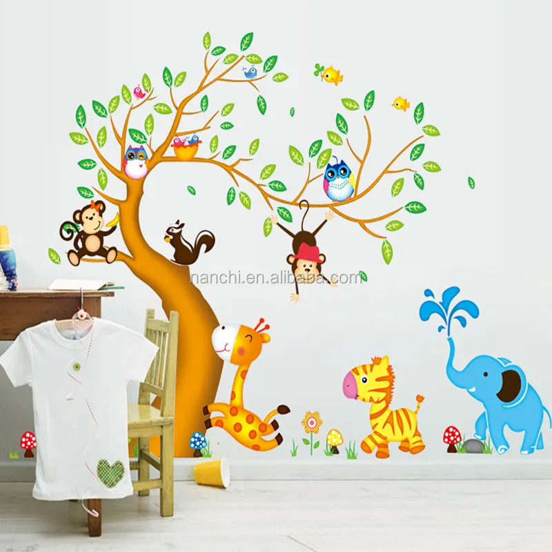 Cartoon monkey deers play in the tree wall stickers for girls or boys bedroom decorative removable pvc wall decal