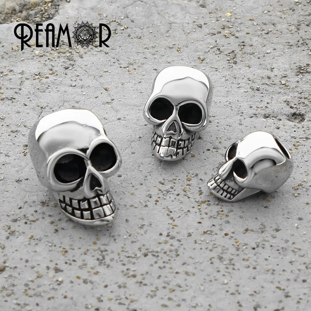 REAMOR Punk 316l Stainless steel Skull Beads Metal 8MM Big Hole Charm Beads Findings for Bracelets Jewelry Making Wholesale