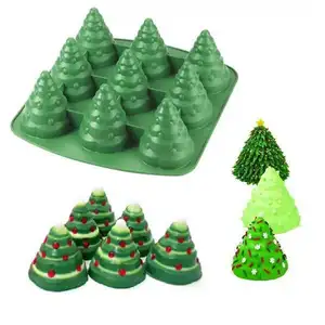 Molde de cozimento de bolo de natal feliz, alta qualidade 9 cavidades 3d árvores de natal, molde de silicone para bolo