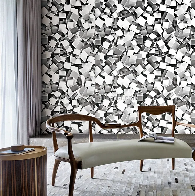 Wallpaper Dinding Gaya Modern Pola Kotak Logam 3D