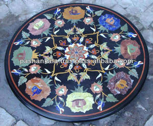 Haut de Table avec incrustation de pierre en marbre noir, de forme ronde - Product Image 1