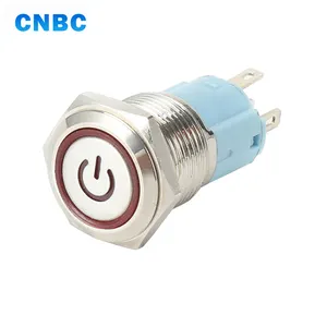 CE certificate 16mm diameter red ring led momentary latching 12v metal push button with power symbol