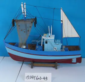 Wooden Crab Boat Model with 2 Fishing nets, Blue 45x14x37cm, Fishing Shrimp ship model with a sail, yacht vessel replic model