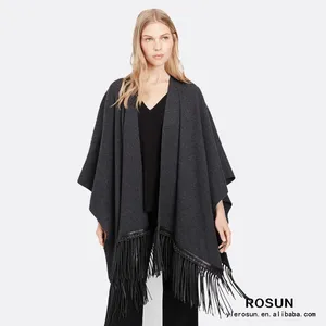 Black Luxe Wool Cashmere Poncho With Leather Fringe