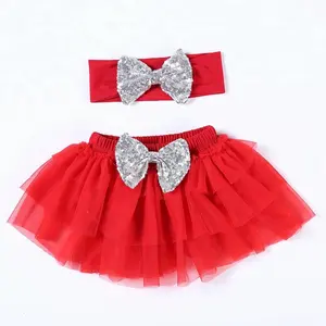 2018 Newest design chiffon fabric skirt with sequin headband set 4th of July tutu skirts for girls