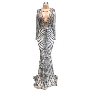 ดูไบกรุงเทพฯแขนยาวนางเงือกสีเงินเสื้อคลุม Soiree ชุดราตรียาว - Product Image 1