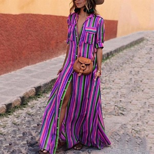 Summer Hot Sale Button Long Color Striped <strong>Dress</strong> Shirt <strong>Fringe</strong> Maxi <strong>Dress</strong> - Product Image 3