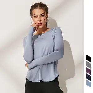 Label Desain OEM Baru Atasan Olahraga Yoga Wanita, Kaus Atletik Lengan Panjang Logo Latihan AKTIF