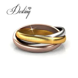 高级奥地利水晶珠宝时尚戒指3领域手指互锁戒指，配有镀金命运珠宝