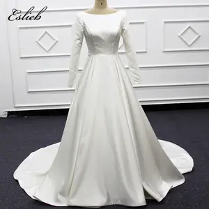Megan-vestidos de novia de manga larga con botones, vestido de novia liso de satén con cremallera en la espalda, reina