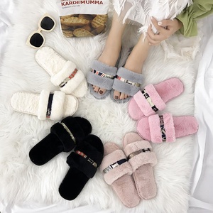 Indoor Outdoor Open Toe <strong>Sandals</strong> Plush Faux Fur Slippers Luxury Winter Slides Wholesale <strong>Glitter</strong> Belt Decoration Soft Sole Lady - Product Image 1