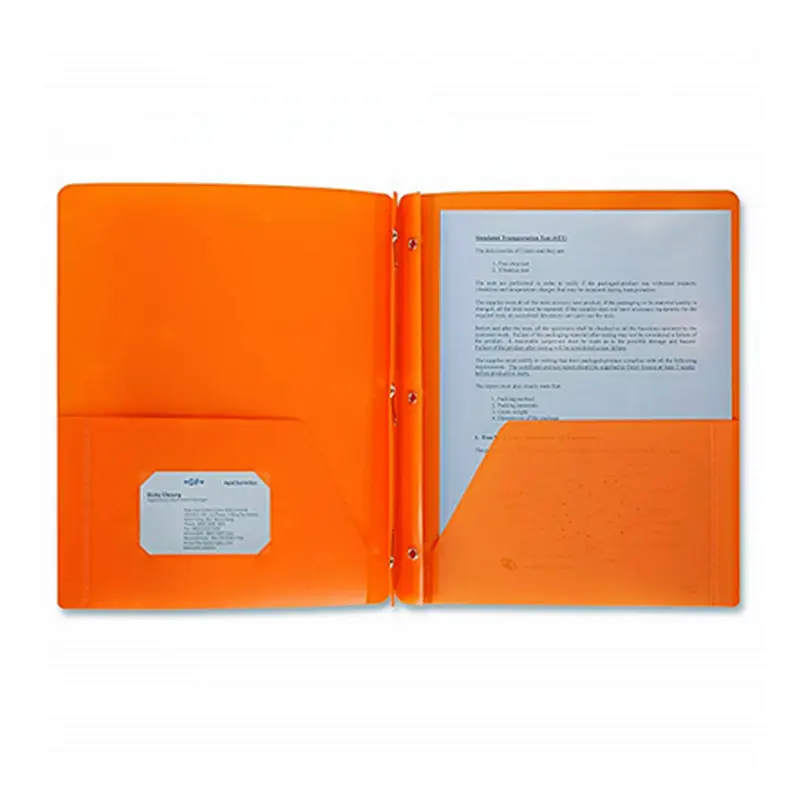 2018 Hot Sell Quality Factory Cheap Wholesale Plastic 2 pockets Folder With 3 Hole Punched with Prongs Poly Portfolio Folder