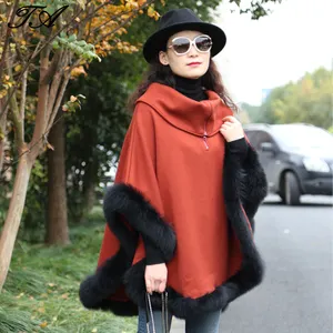 Chic Style Woman Winter Fox Fur Trim All Around 95% Rayon 5% Spandex Knit Big Collar Long Warm Cloth Poncho