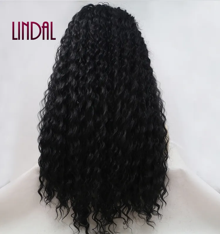 Parrucca anteriore in pizzo riccio nero profondo senza colla in pizzo per donne nere parrucche sintetiche resistenti al calore per capelli in fibra 24 pollici