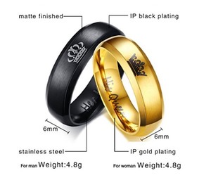 Anello 'Her King Black His Queen Golden' in Acciaio Inossidabile per Uomo e Donna, Fede Nuziale, Anello di Anniversario, Fidanzamento, Promessa, Corona - Product Image 5