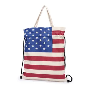 printed style canvas American flag drawstring bag shopping shoulders Bag backpack style US drawstring bags