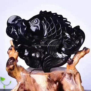 Natural al por mayor adornos <span class=keywords><strong>de</strong></span> cristal único negro obsidiana piedra tallado pescado <span class=keywords><strong>rico</strong></span> y seguro para el hogar adornos - Product Image 1