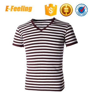 Tejido plano de encargo camiseta de la raya, a granel al por mayor blanco <span class=keywords><strong>y</strong></span> negro v-cuello de la raya de la camiseta - Product Image 1