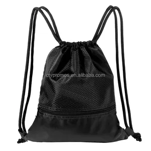 Custom Sports Gym Nylon Polyester Drawstring Backpack Bag With Front Zipper