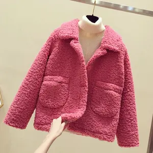 Chic Shearling Fur Jacket Sheepskin Fur Short Coat Pink Color Spring Winter Clothes For Girl Lady Women