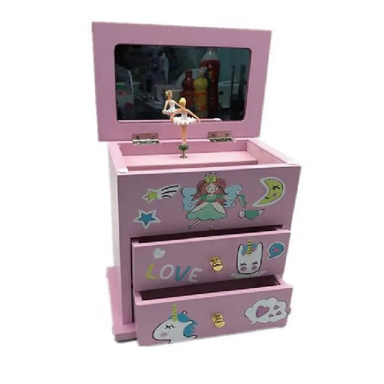 Girls Wooden Musical Jewelry Box Classic Design with Ballerina and Mirror