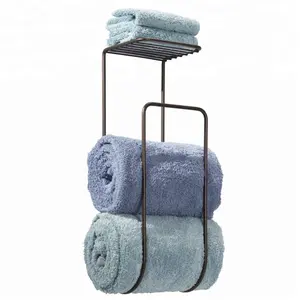 Modern Apartment Hotel Bathroom Metal Wire Iron Wall Mount 2 Tier Top Shelf Hanging Storage Rack Towel Holder