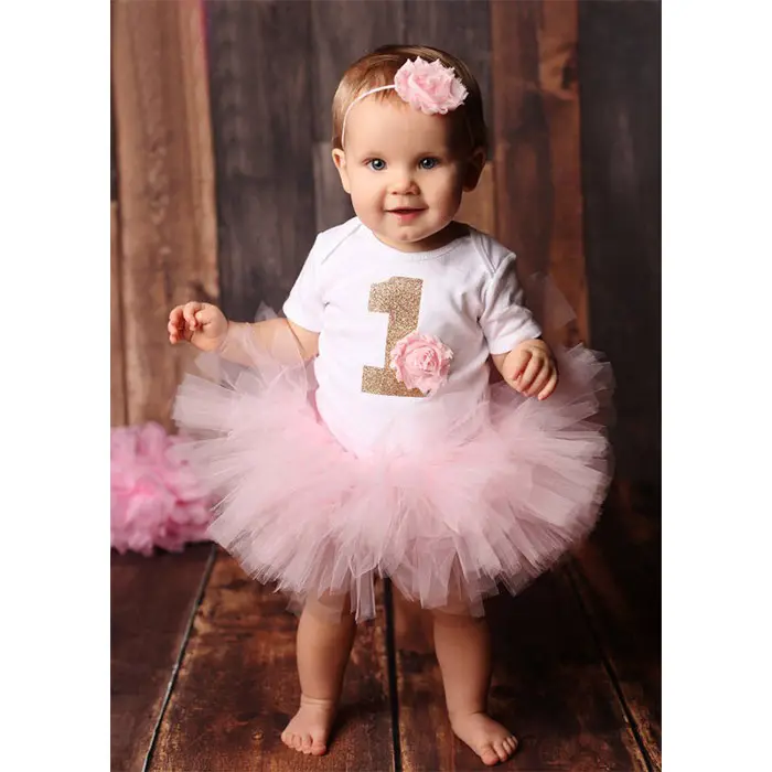 Flower 1st First Birthday Boutique Custom Dress Printing Outfit 1 Year Baby Girl Birthday Dresses