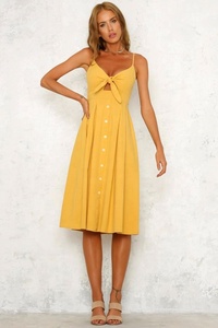 2021 moda Spaghetti di tendenza cravatta anteriore donna <span class=keywords><strong>giallo</strong></span> <span class=keywords><strong>abito</strong></span> <span class=keywords><strong>Midi</strong></span> con bottoni sul davanti - Product Image 2