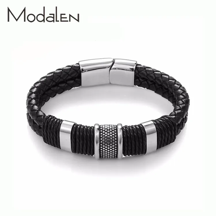 Modalen Herren Magnet verschluss Verschluss Wrap Edelstahl Leder Armband