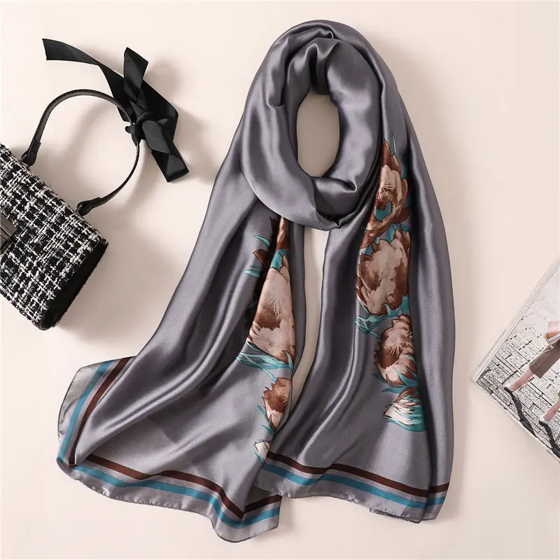 Wholesale 2019 newest stain ladies silk scarf luxury 4colors 12colors plain background rose print hangzhou silk scarf