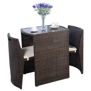 Wholesale 3 Piece Space Saving Outdoor Garden Chair and Table Rattan Furniture Bistro Cafe Sets With Cushion