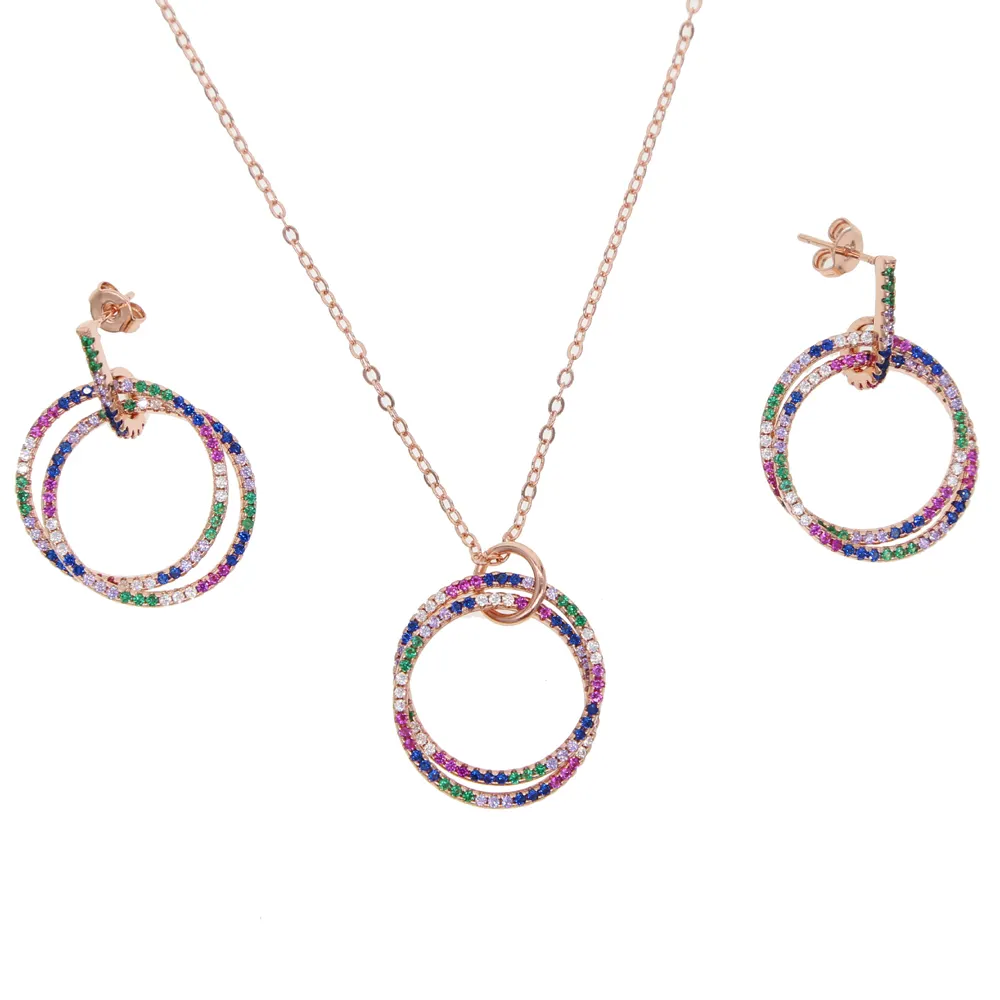 mix colorful cubic zirconia micro pave cz rose gold plated geometric round circle women jewelry earring necklace set